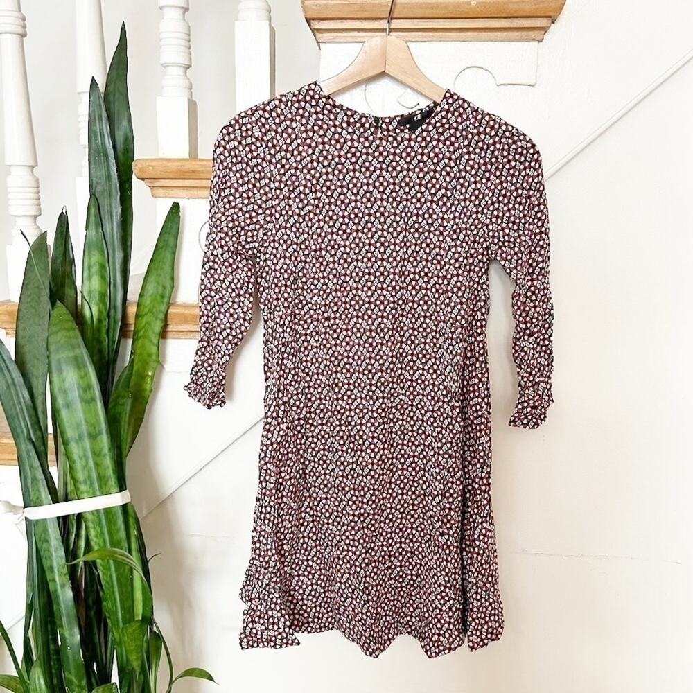 H&M Womens Red Geometric Print 3/4 Sleeve Round Neck Shift Dress Size 2